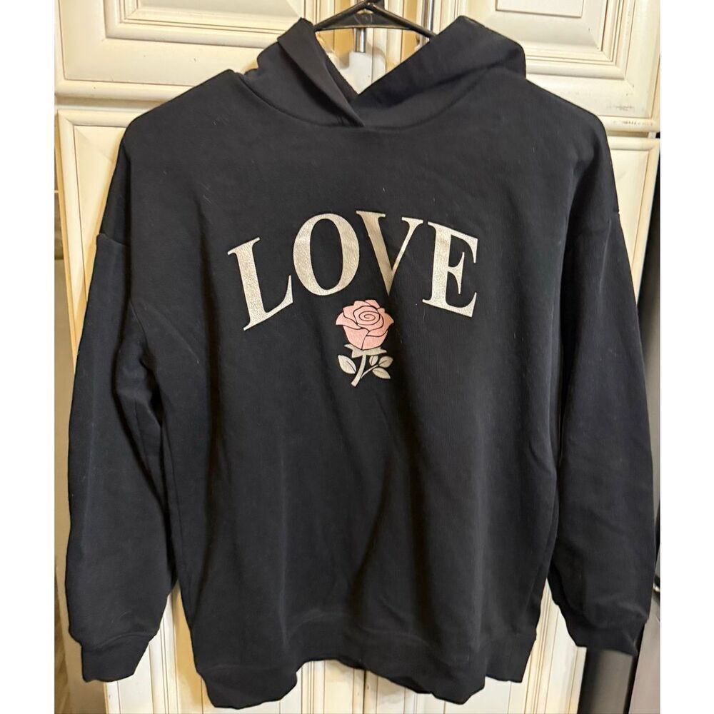 Old Navy Youth Girls Love Rose Graphic Pullover Hoodie Sweatshirt Black XL 14-16